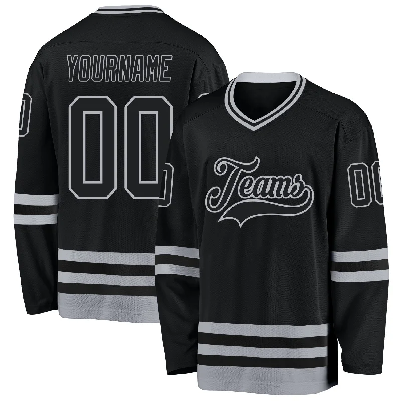 High-collar hockey jersey for protection from cold-Custom Black Gray Hockey Jersey