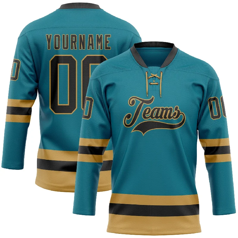 Hockey jerseys for women’s leagues-Custom Teal Black-Old Gold Hockey Lace Neck Jersey