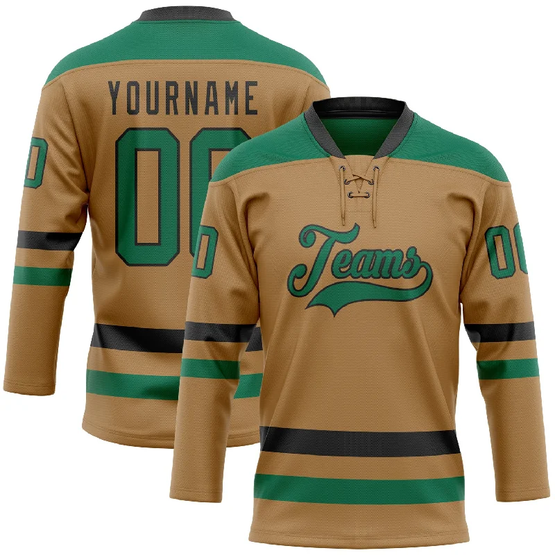 Authentic hockey jerseys for collectors-Custom Old Gold Kelly Green-Black Hockey Lace Neck Jersey