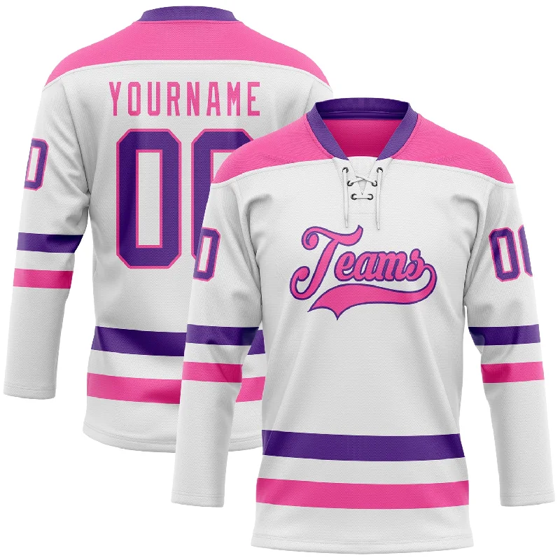 Elite hockey jerseys for professional players-Custom White Purple-Pink Hockey Lace Neck Jersey