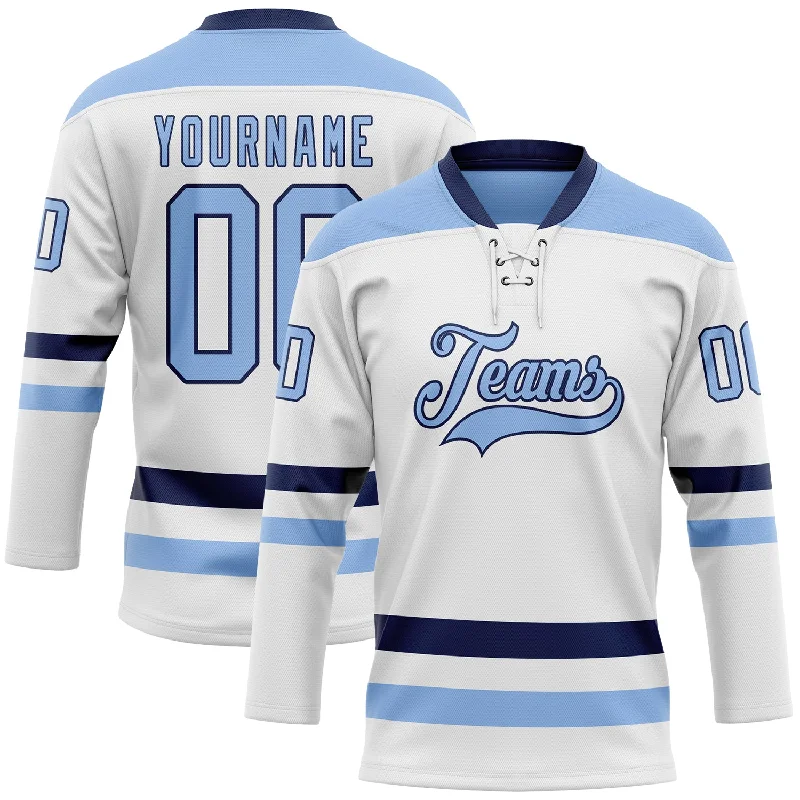 Unique hockey jerseys for fan collections-Custom White Light Blue-Navy Hockey Lace Neck Jersey