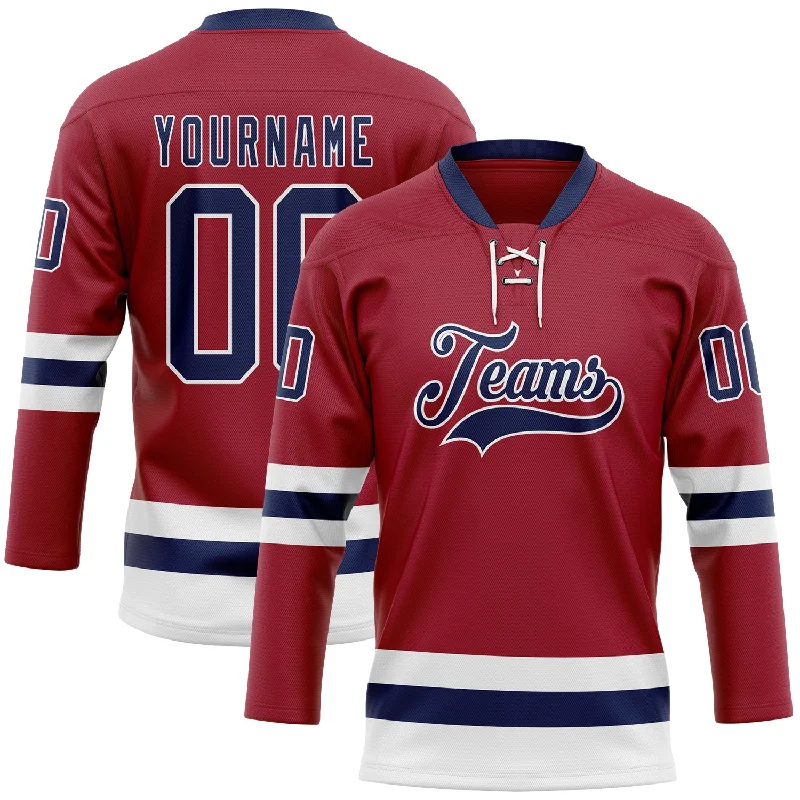 Personalized hockey jersey with name-Custom Maroon Navy-White Hockey Lace Neck Jersey