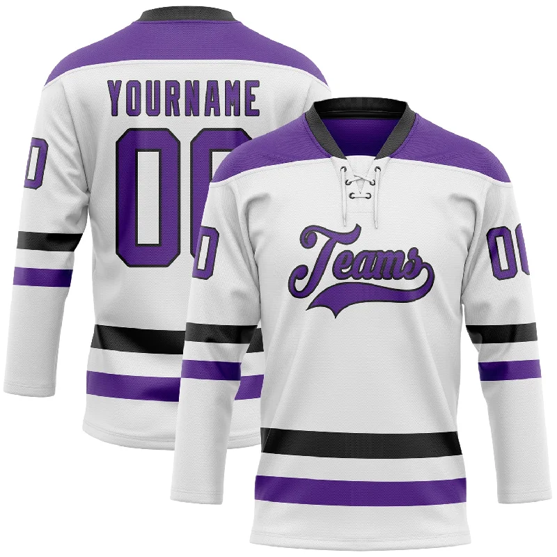 Kids’ hockey jersey with team number-Custom White Purple-Black Hockey Lace Neck Jersey