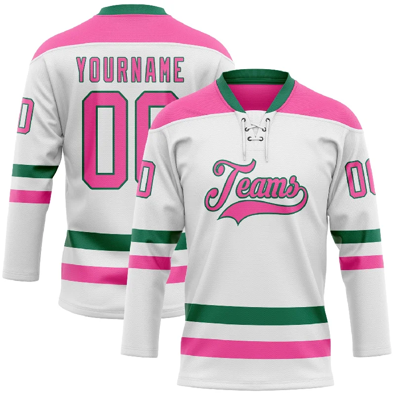 Authentic team logo hockey jerseys-Custom White Pink-Kelly Green Hockey Lace Neck Jersey