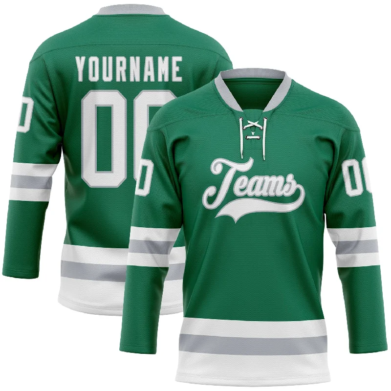 Custom hockey jerseys for ice skating competitions-Custom Kelly Green White-Gray Hockey Lace Neck Jersey