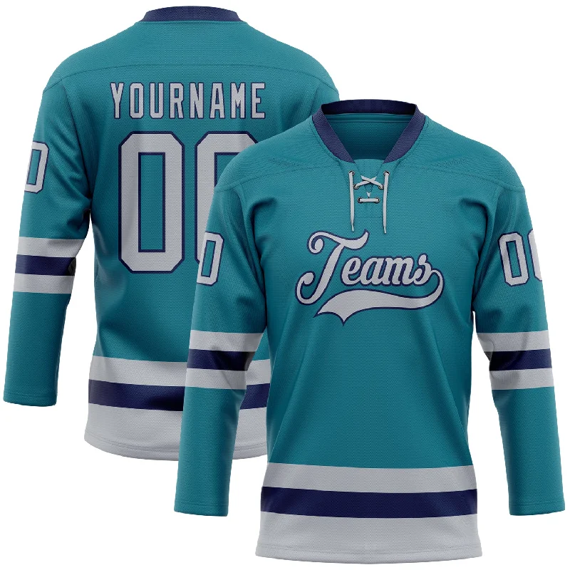 Custom sublimated hockey jerseys for teams-Custom Teal Gray-Navy Hockey Lace Neck Jersey