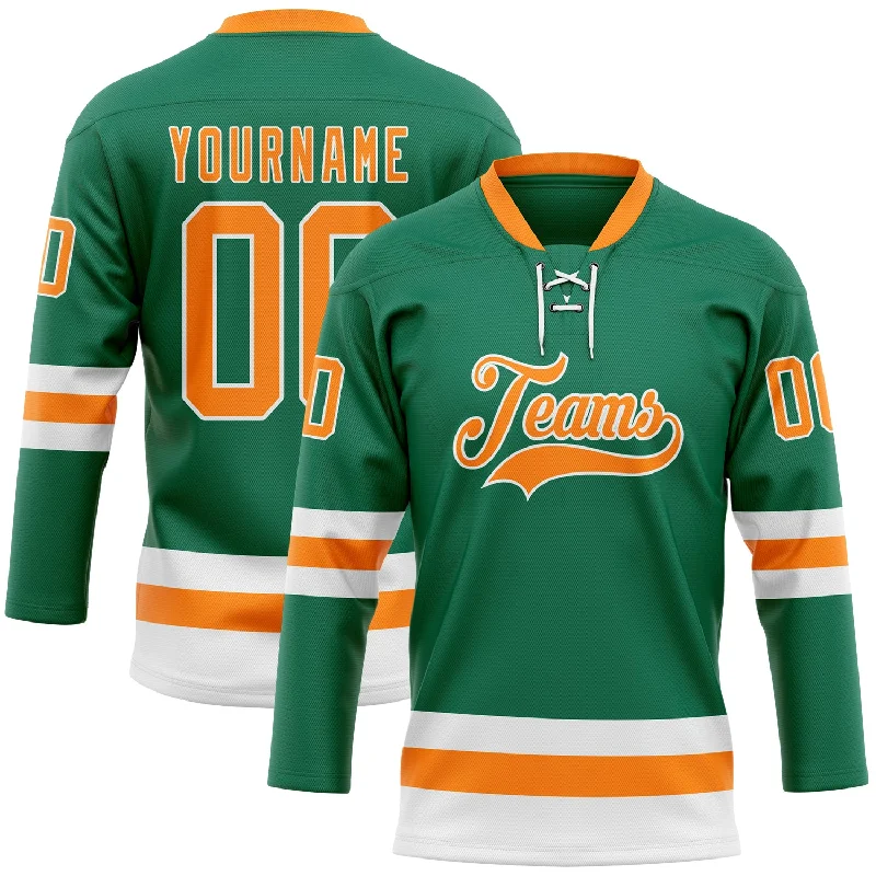 Full-body hockey jerseys for extreme play-Custom Kelly Green Bay Orange-White Hockey Lace Neck Jersey