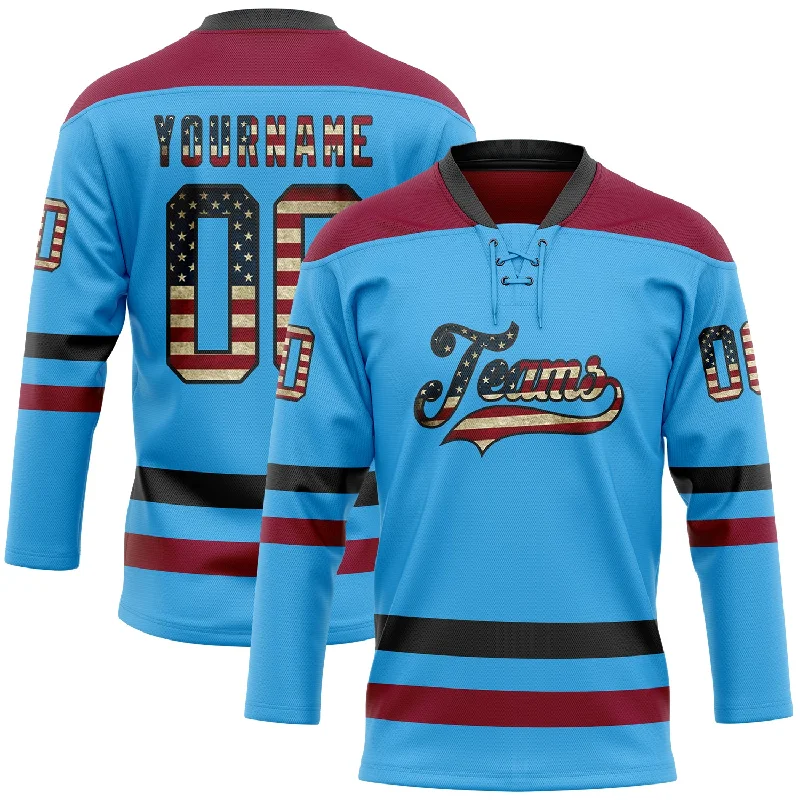 Printed team logo hockey jerseys for support-Custom Sky Blue Vintage USA Flag Black-Maroon Hockey Lace Neck Jersey