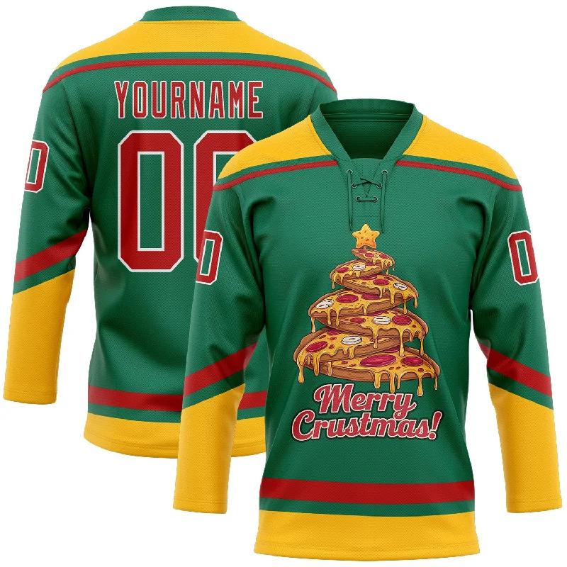 Women’s hockey jersey with team logos-Custom Kelly Green Red-Gold Funny Christmas 3D Hockey Lace Neck Jersey