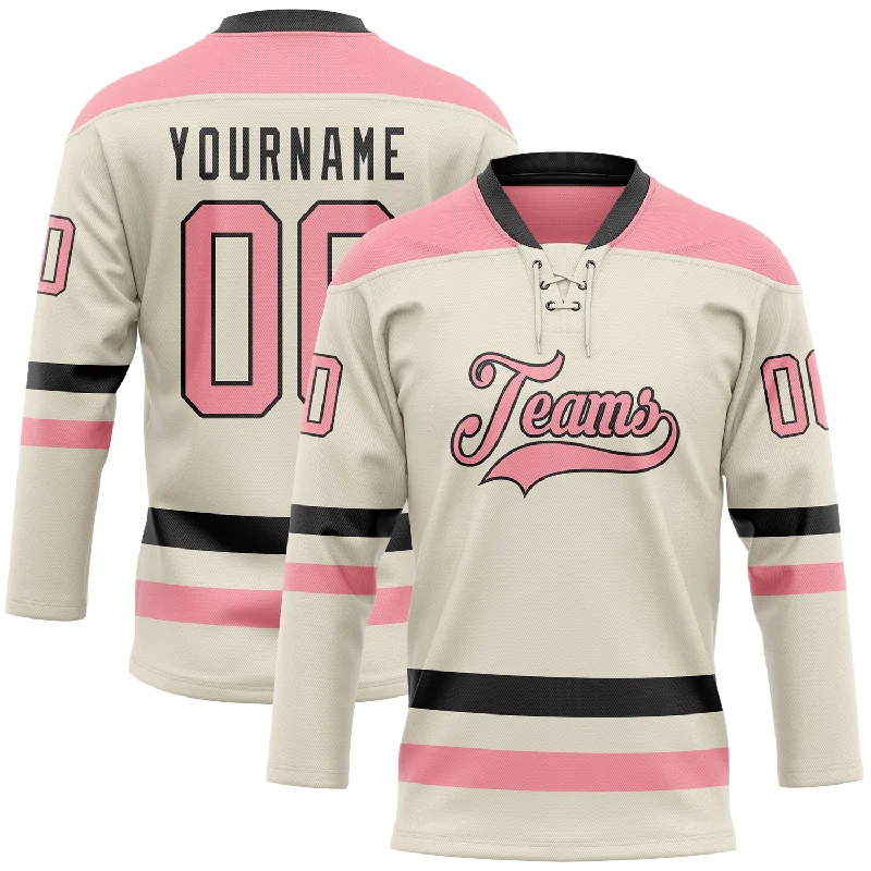 Premium quality hockey jerseys for sports teams-Custom Cream Medium Pink-Black Hockey Lace Neck Jersey