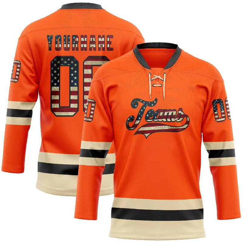 Custom hockey jersey for teams-Custom Orange Vintage USA Flag Black-Cream Hockey Lace Neck Jersey