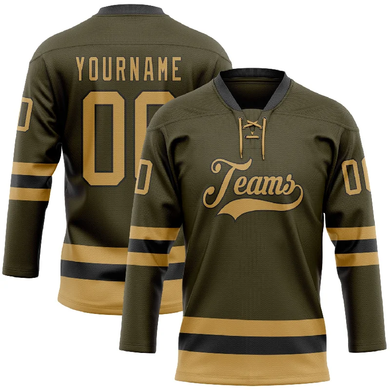 Printed team logo hockey jerseys for support-Custom Olive Old Gold-Black Salute To Service Hockey Lace Neck Jersey