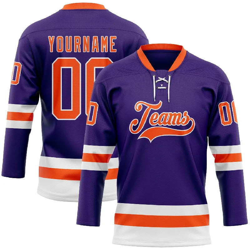 Hockey jersey with customizable numbers-Custom Purple Orange-White Hockey Lace Neck Jersey