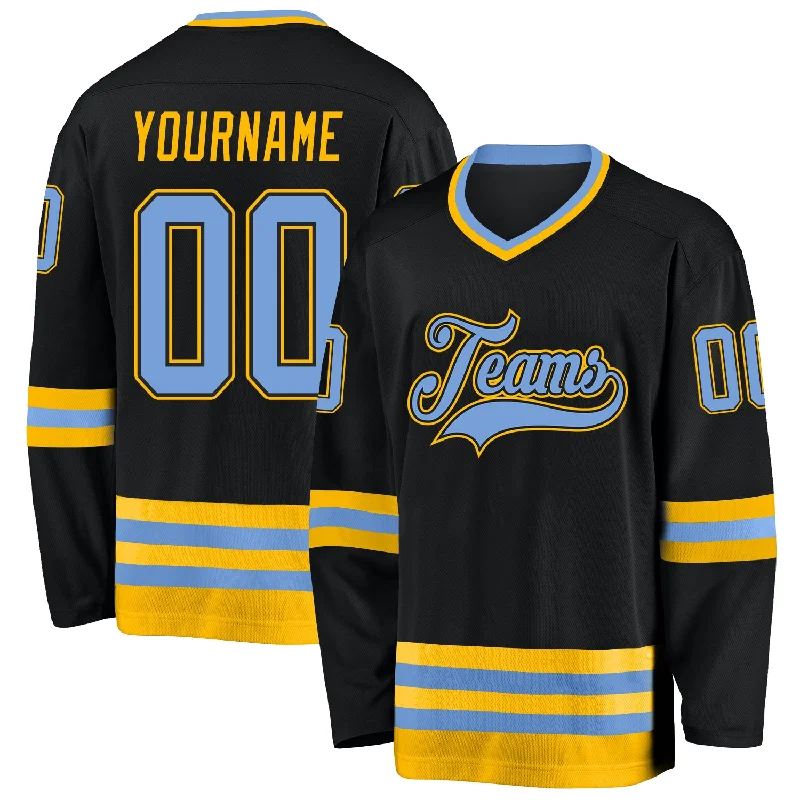 Custom-made fan hockey jersey for gifting-Custom Black Light Blue-Gold Hockey Jersey