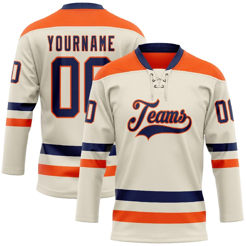 Hockey jerseys with moisture-wicking technology-Custom Cream Navy-Orange Hockey Lace Neck Jersey