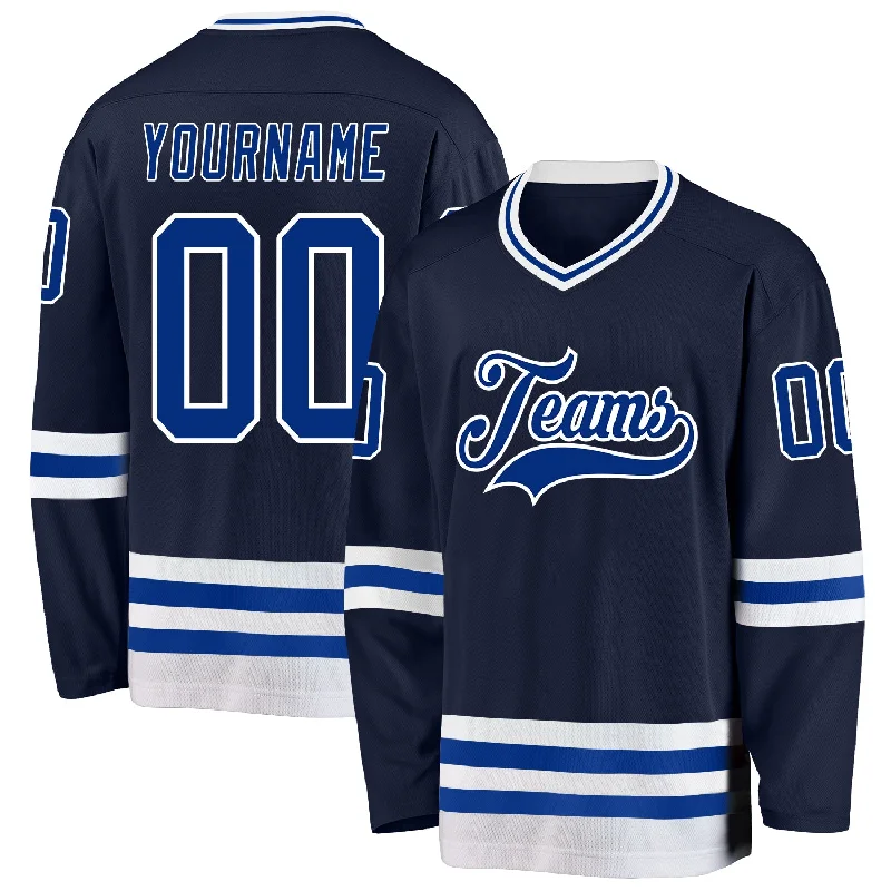 Fast-dry hockey jersey for players’ comfort-Custom Navy Royal-White Hockey Jersey