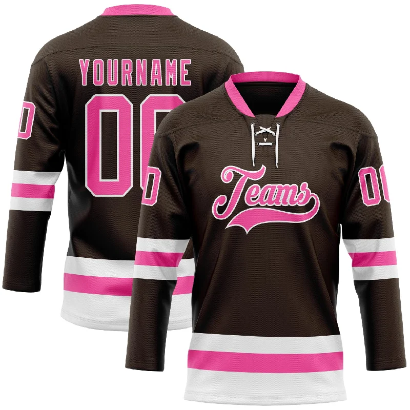 Vintage-inspired hockey jerseys for retro fans-Custom Brown Pink-White Hockey Lace Neck Jersey