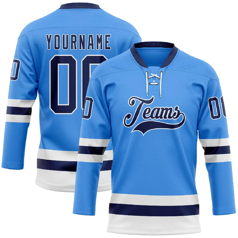 Hockey jerseys with moisture control fabric-Custom Sky Blue Navy-White Hockey Lace Neck Jersey