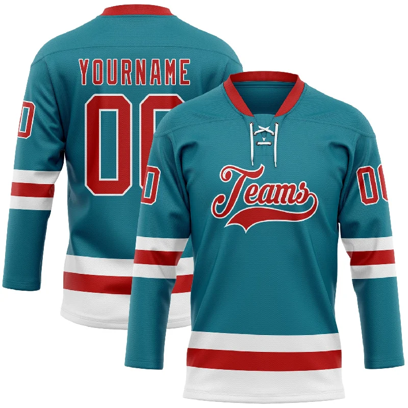 Adult-sized NHL team hockey jerseys-Custom Teal Red-White Hockey Lace Neck Jersey