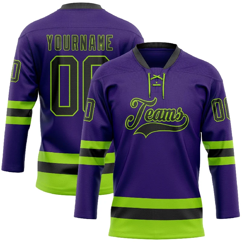 Youth team hockey jerseys for practice-Custom Purple Black-Neon Green Hockey Lace Neck Jersey