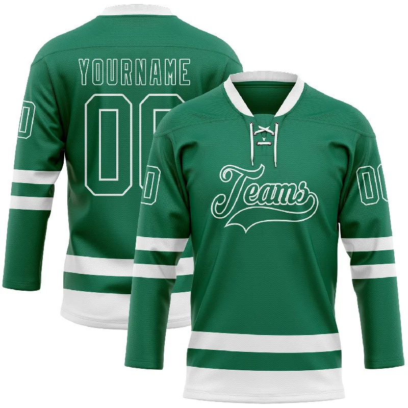 Custom embroidery for personalized hockey jerseys-Custom Kelly Green White Hockey Lace Neck Jersey