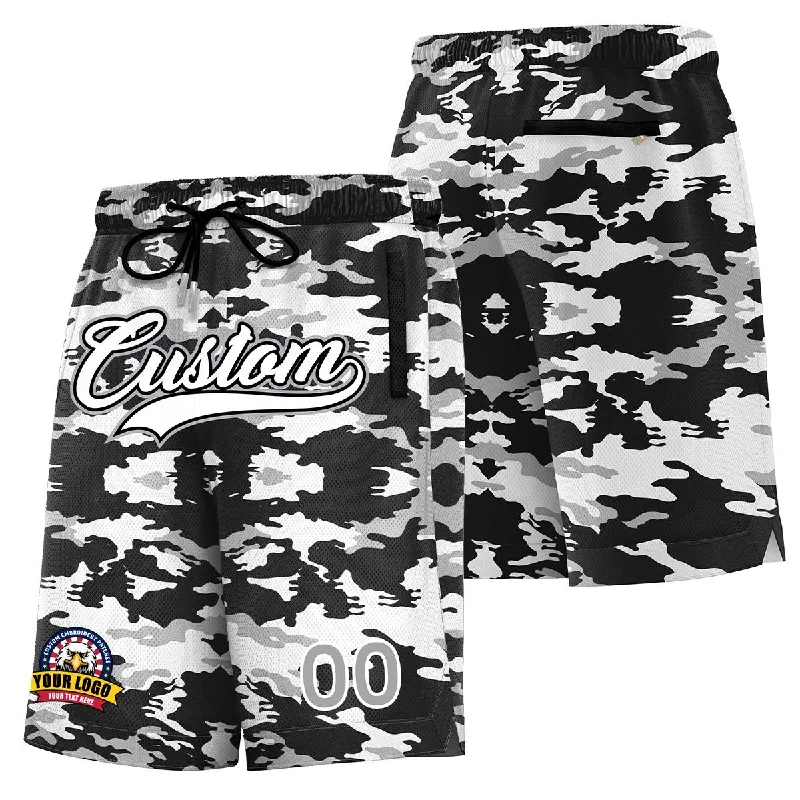 Custom basketball shorts for college sports teams-Custom Black White Black Camo Basketball Shorts