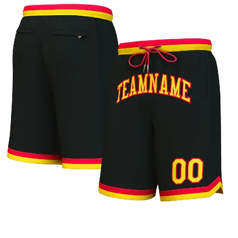 Custom basketball shorts with breathable mesh fabric-Custom Black Yellow-Red Personalized Basketball Shorts