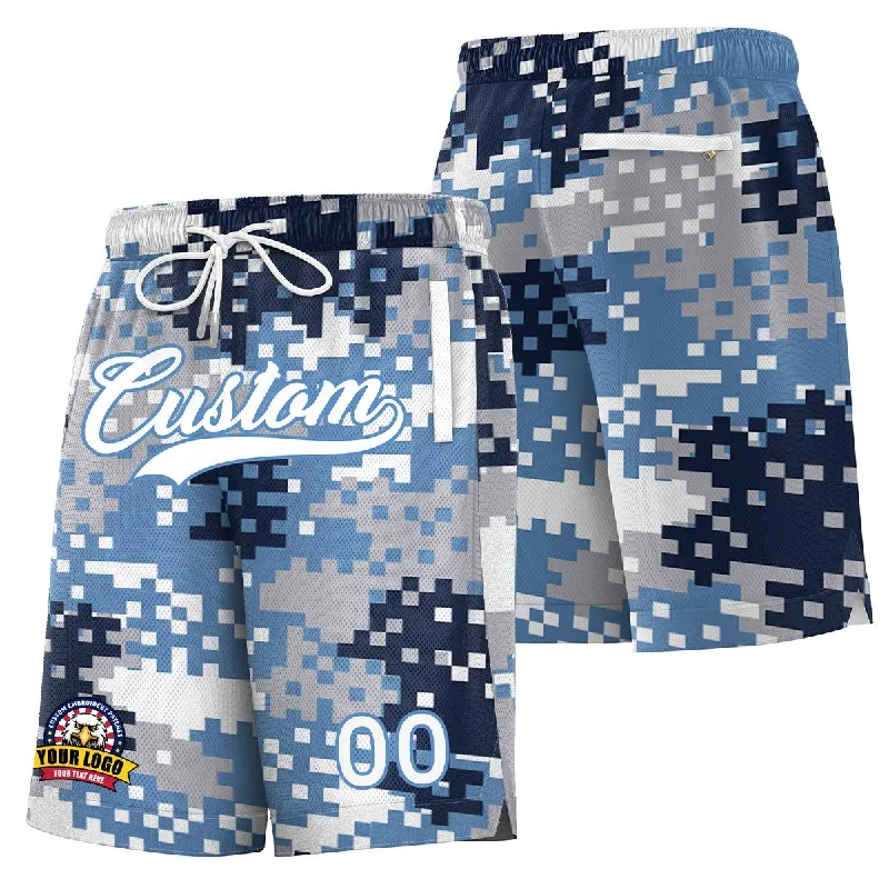 Basketball shorts for training with reflective details-Custom Blue White Lignt Blue Camo Basketball Shorts