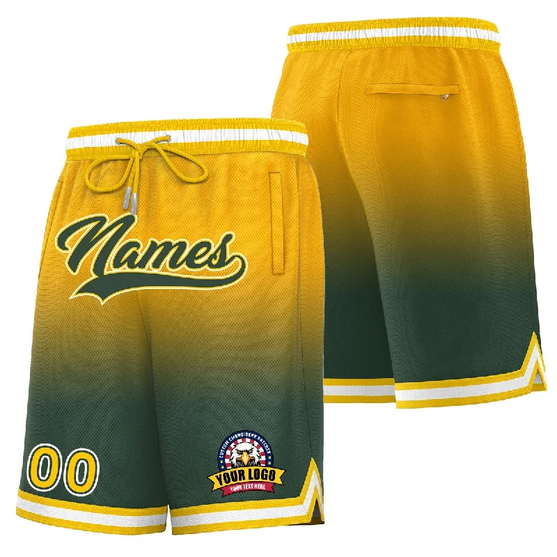 Custom basketball shorts with embroidered patches for teams-Custom Gold Green Personalized Gradient Fashion Basketball Shorts