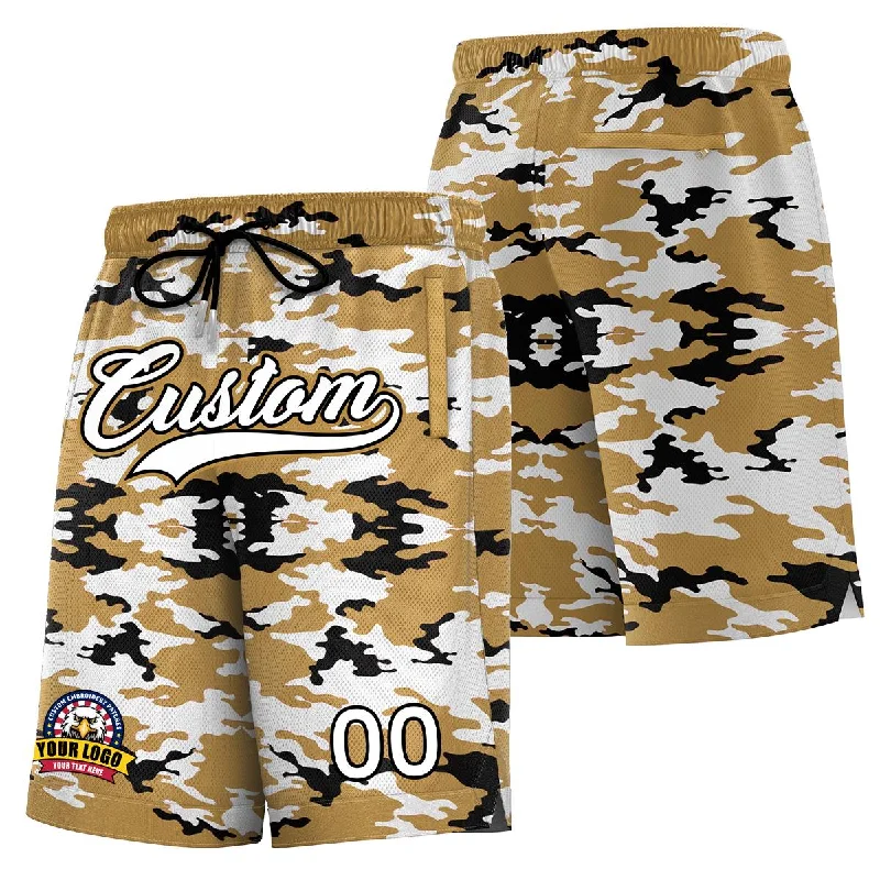 Personalized basketball shorts for charity events-Custom Gold White Black Camo Basketball Shorts