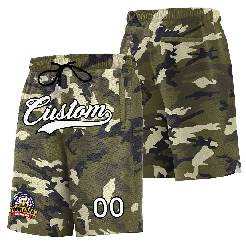 Basketball shorts with sublimated logos for vivid color-Custom Green White Black Camo Basketball Shorts