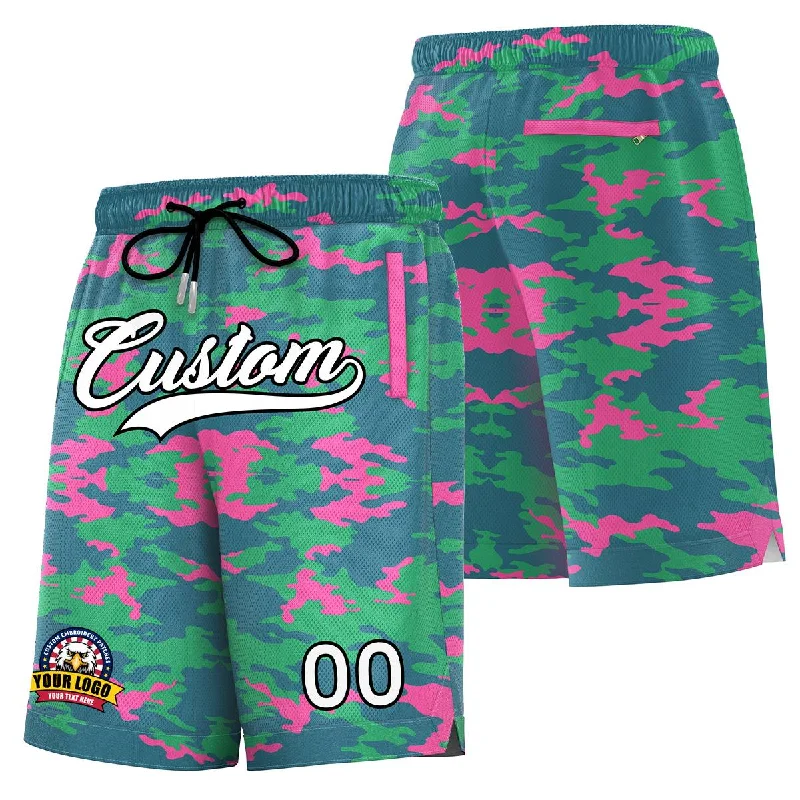 Personalized basketball shorts with retro designs-Custom Green White Black Camo Basketball Shorts