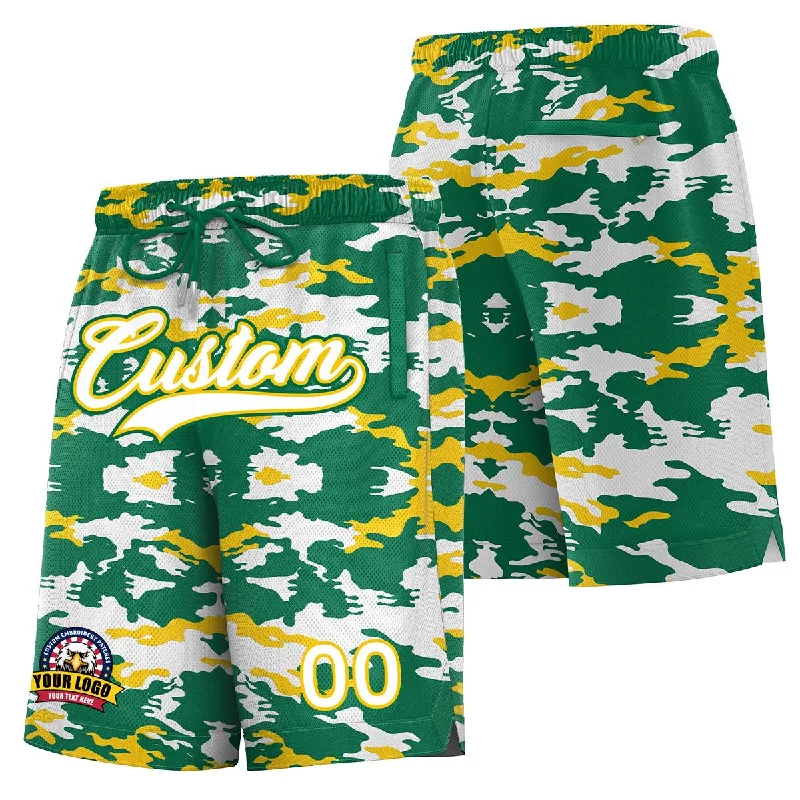 Basketball shorts for fast-paced play with lightweight material-Custom Green White Gold Camo Basketball Shorts