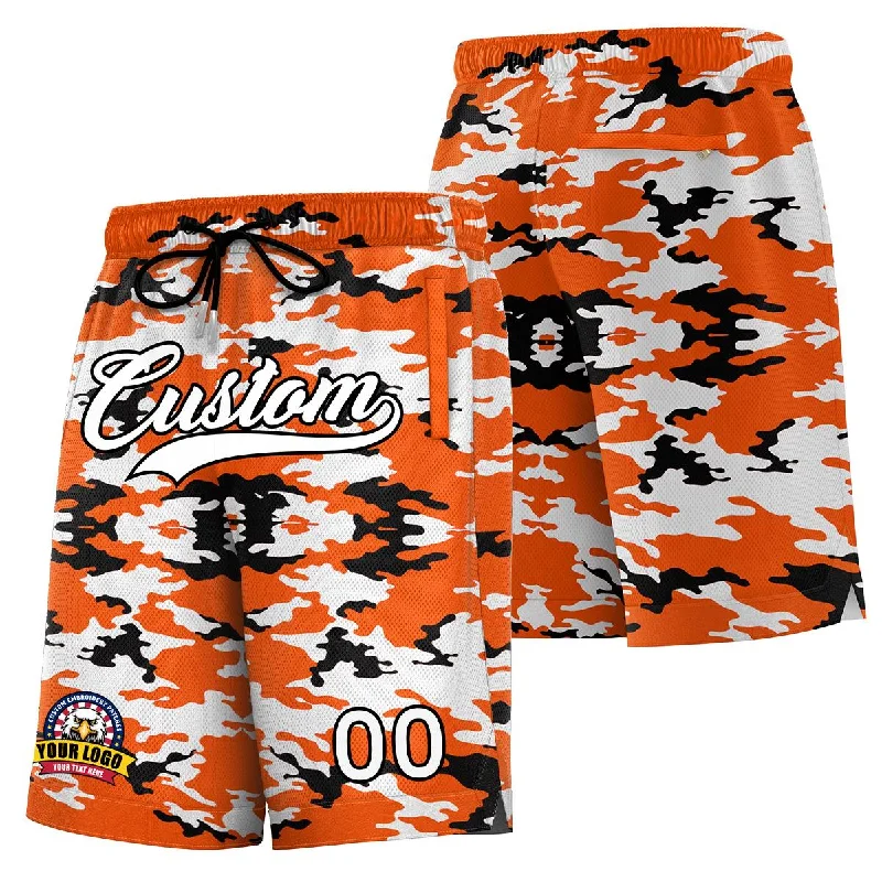 Custom basketball shorts for gym workouts and exercise-Custom Orange White Black Camo Basketball Shorts