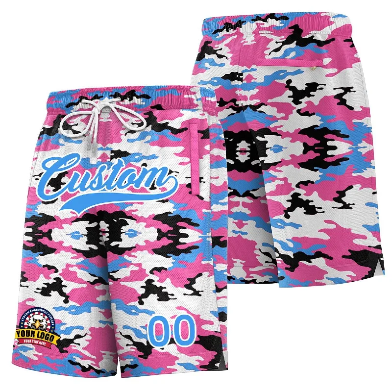 Custom basketball shorts with eco-friendly fabric-Custom Pink Powder Blue White Camo Basketball Shorts