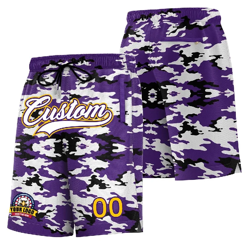 Basketball shorts for training and practice-Custom Purple White Purple Camo Basketball Shorts