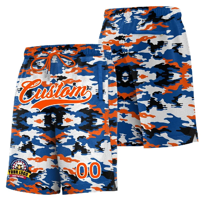 Custom basketball shorts with performance fabric-Custom Royal Orange White Camo Basketball Shorts