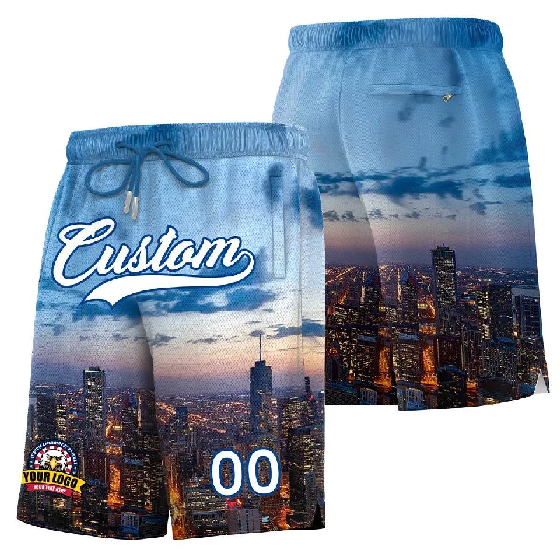 Custom basketball shorts with large side pockets-Custom Personalized Chicago City Landscape Basketball Shorts