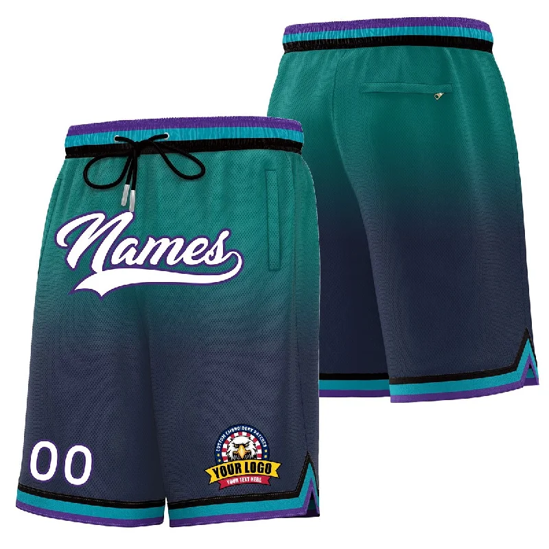 Basketball shorts with side zipper pockets for valuables-Custom Teal Navy Personalized Gradient Fashion Basketball Shorts