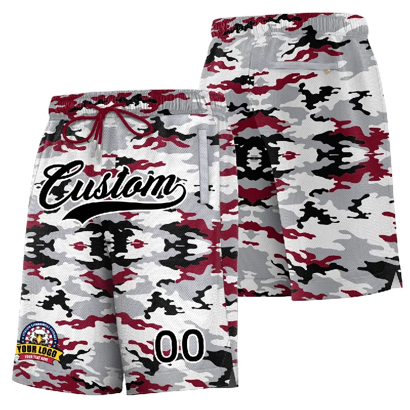 Custom basketball shorts with embroidered logos-Custom White Black White Camo Basketball Shorts