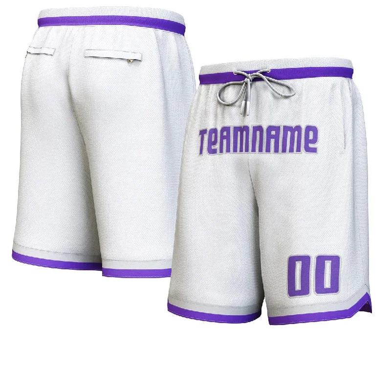 Custom basketball shorts for college sports teams-Custom White Purple-Gray Personalized Basketball Shorts