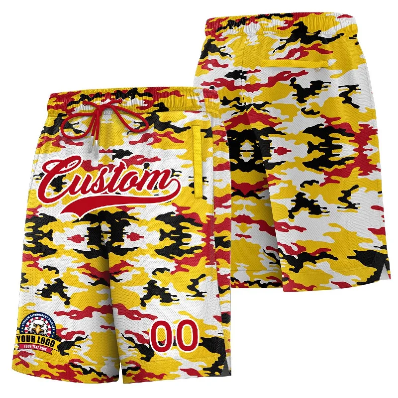 Basketball shorts with thick waistband for added comfort-Custom Yellow Red White Camo Basketball Shorts